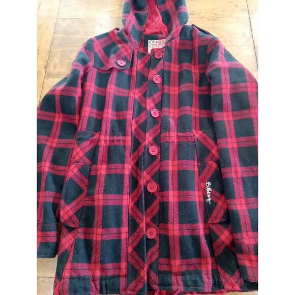 Billabong Coat Women's Medium Red Black Plaid Wool Blend Hooded Jacket Snow Ski - Picture 2 of 8